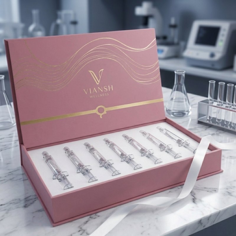 Viansh Wellness luxury private label intimate conditioning lubricant box in matte asteroid gray containing PDRN and silk protein ampoules Viansh Wellness luxury private label intimate conditioning lubricant box in matte asteroid gray containing PDRN and silk protein ampoules